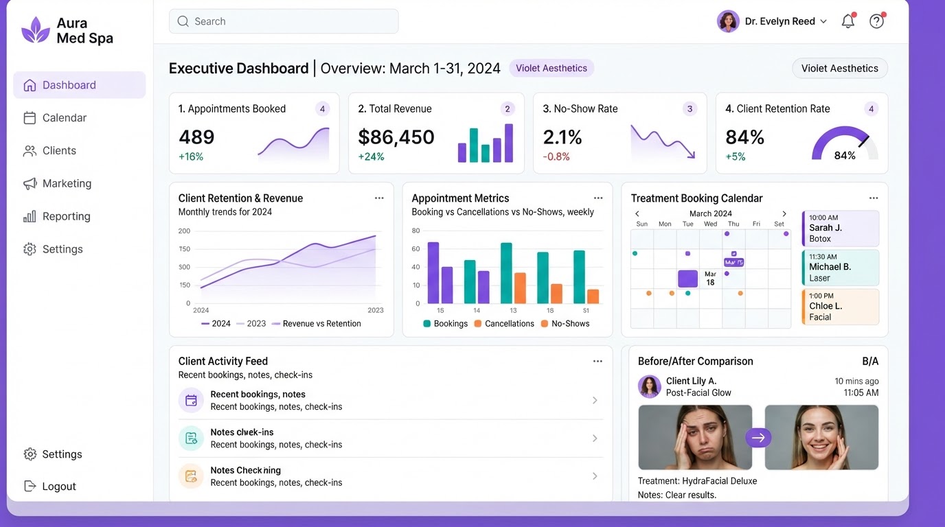 Lumina Aesthetics dashboard showing automation results and revenue metrics