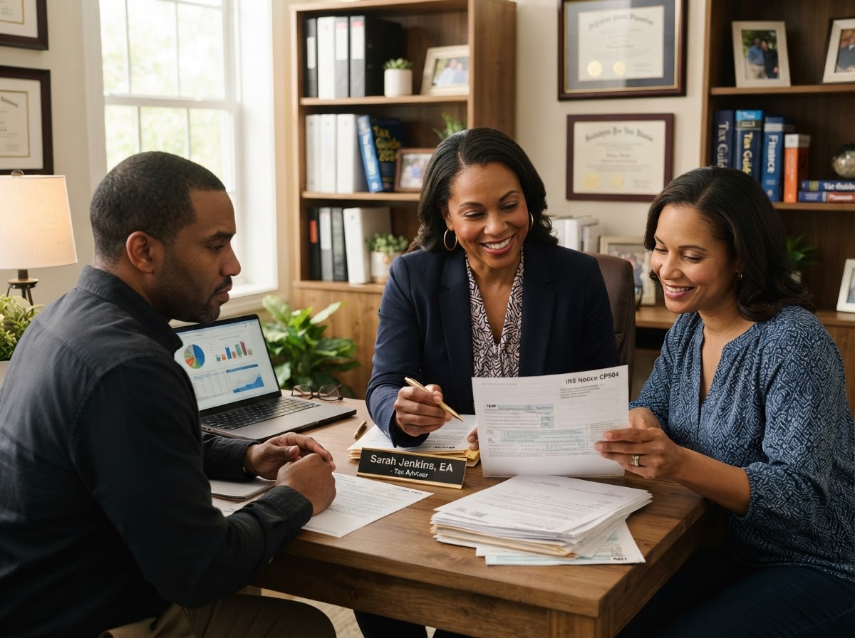 Professional female tax advisor assisting a family with IRS tax notice concerns calmly