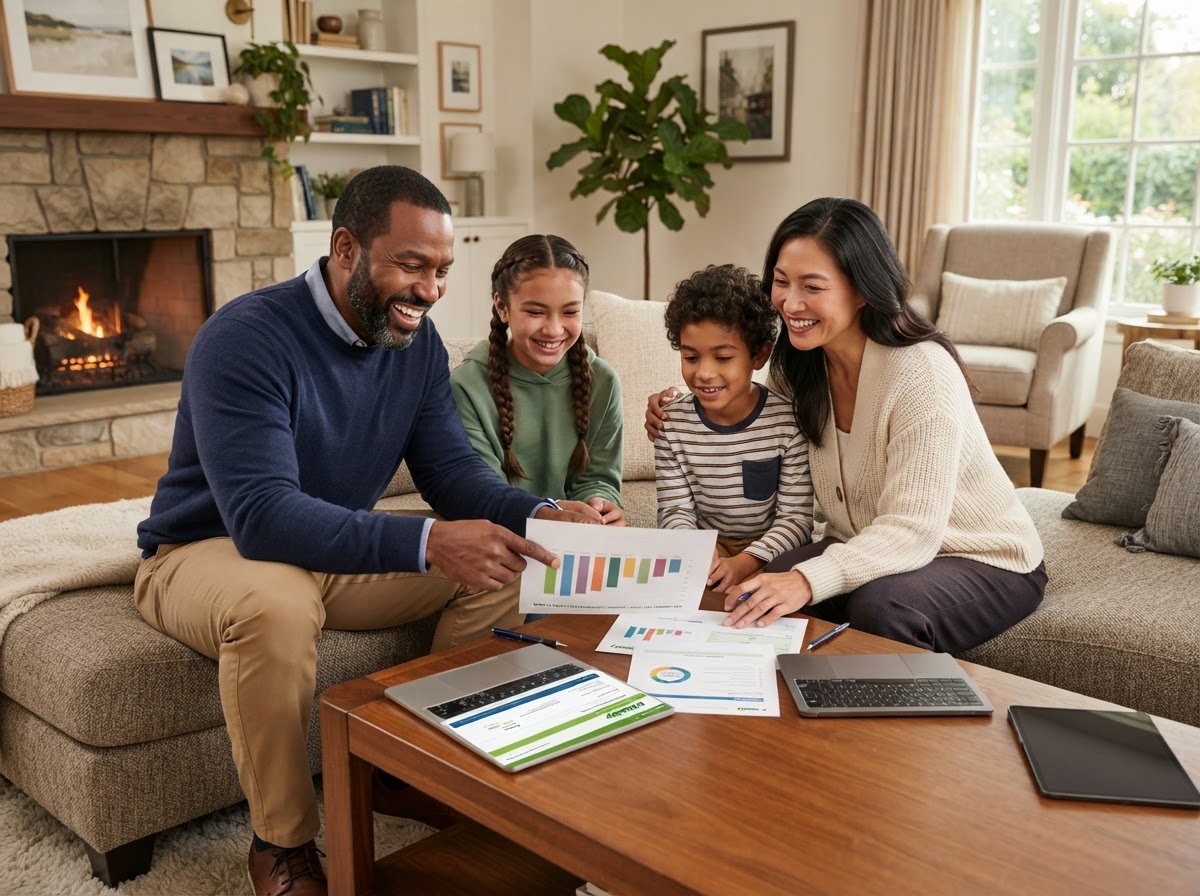 Multicultural family reviewing retirement and financial growth strategy with an advisor