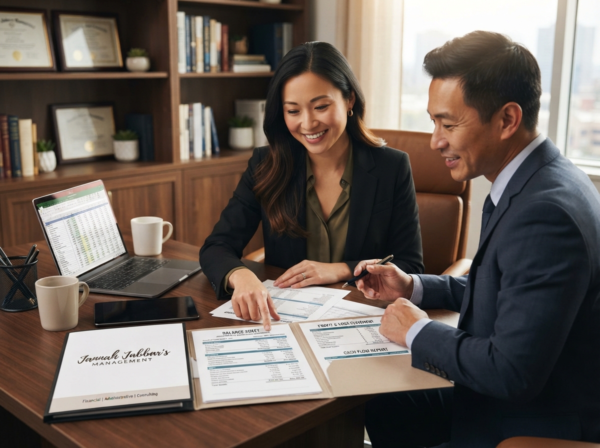 Asian American female business owner analyzing bookkeeping financial reports with Jannah Jabbar's Management logo