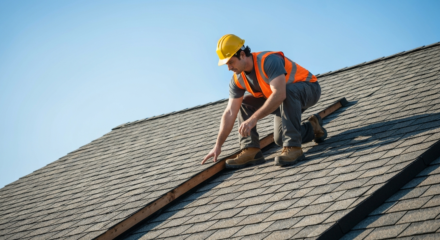 Professional roofing contractor inspecting a roof