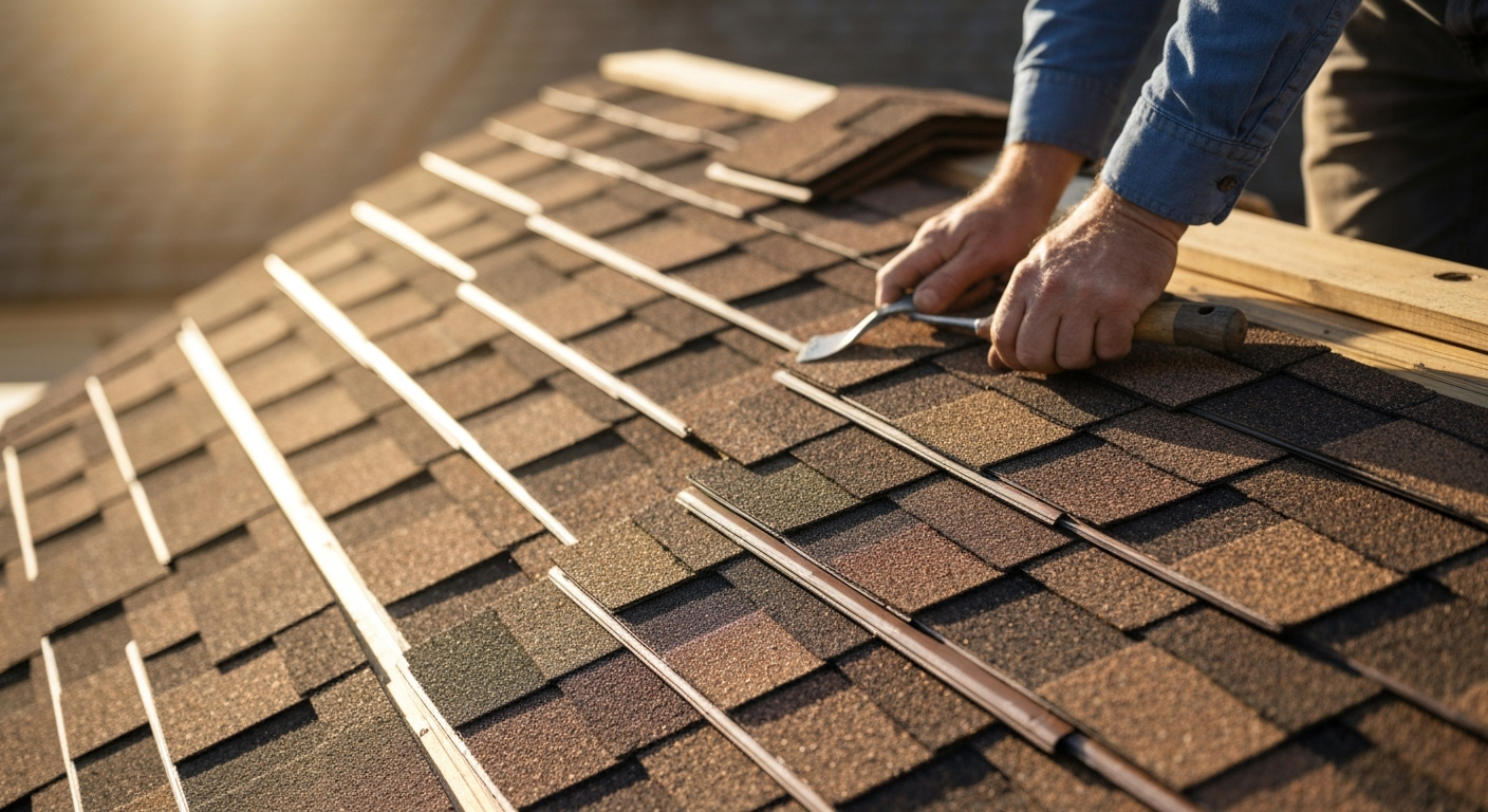 High quality architectural roofing shingles being installed