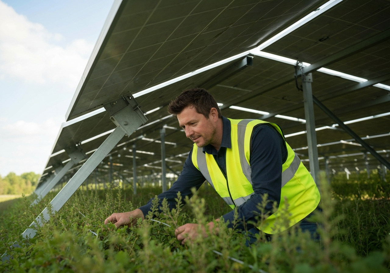 Worker inspecting vegetation