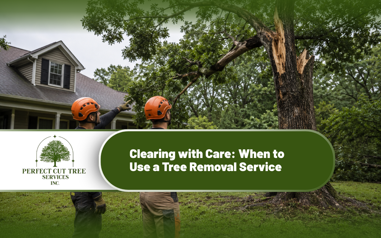 Tree removal service team assessing a damaged tree near a home