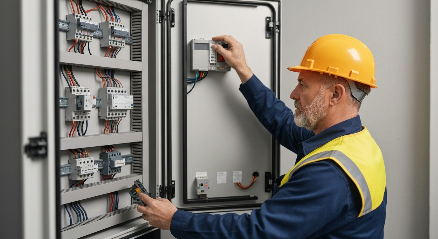 Electrician inspecting home electrical panel