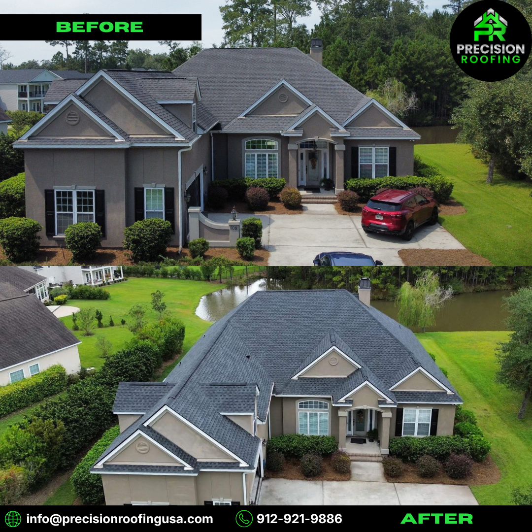 Before and after roof replacement in Savannah, GA by Precision Roofing — licensed roofing contractor serving Coastal Georgia