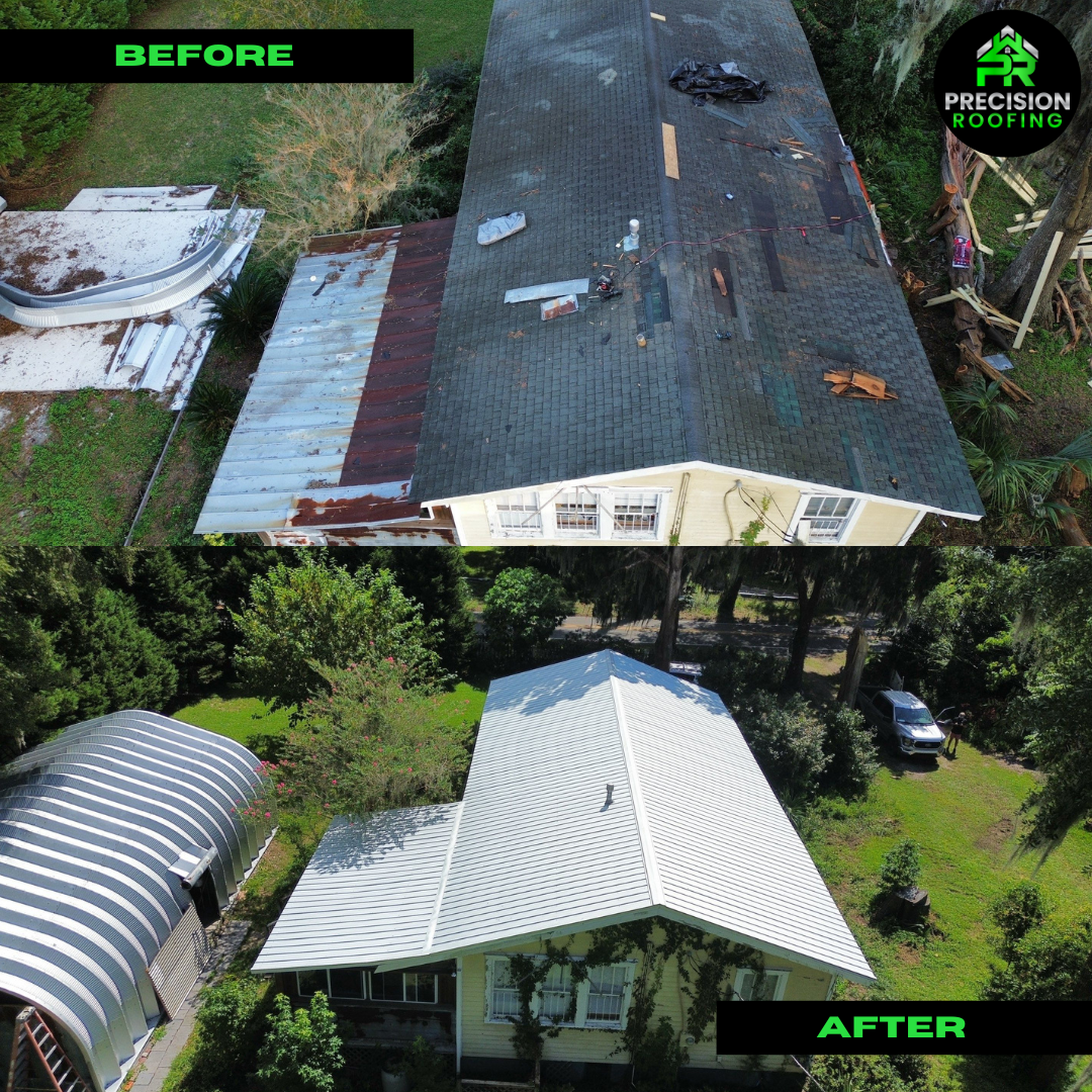 Metal roof replacement before and after in Savannah, GA by Precision Roofing — metal roofing contractor