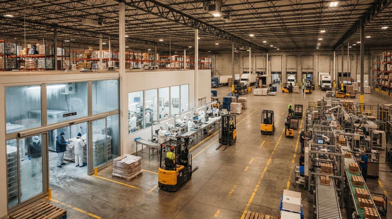 Nave industrial con zonas conectadas: cámara frigorífica, sala blanca, línea de producción y muelle de carga