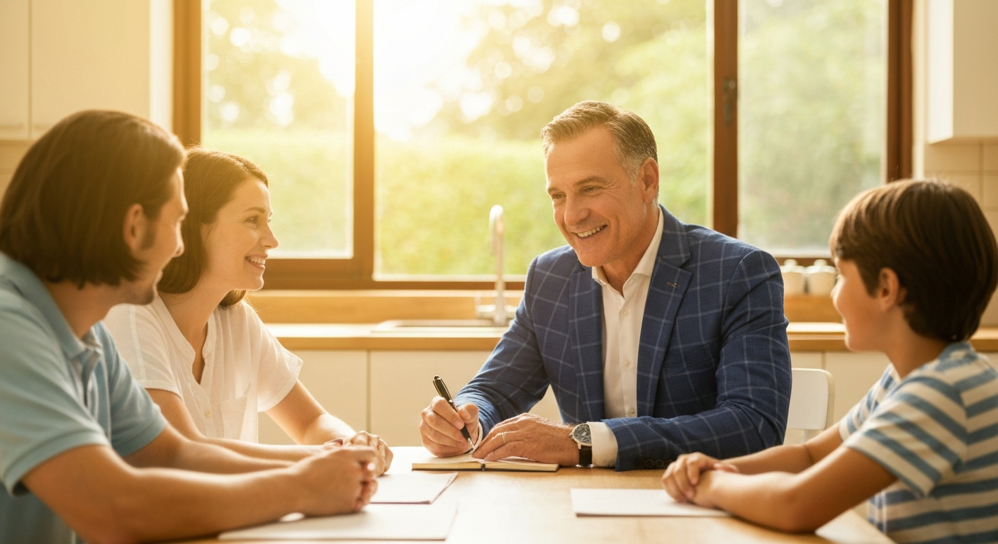 Friendly agent with a family at home