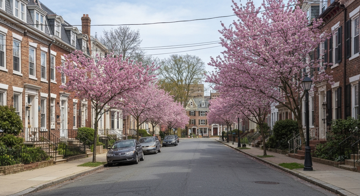 Peaceful residential street in Fitler Square Philadelphia showing historic charm