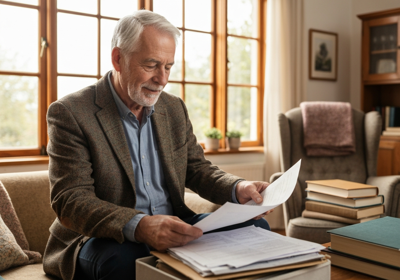Senior homeowner reviewing papers or organizing belongings in a warm home