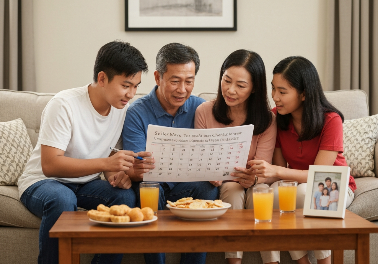 Family reviewing a calendar and checklist for a senior move