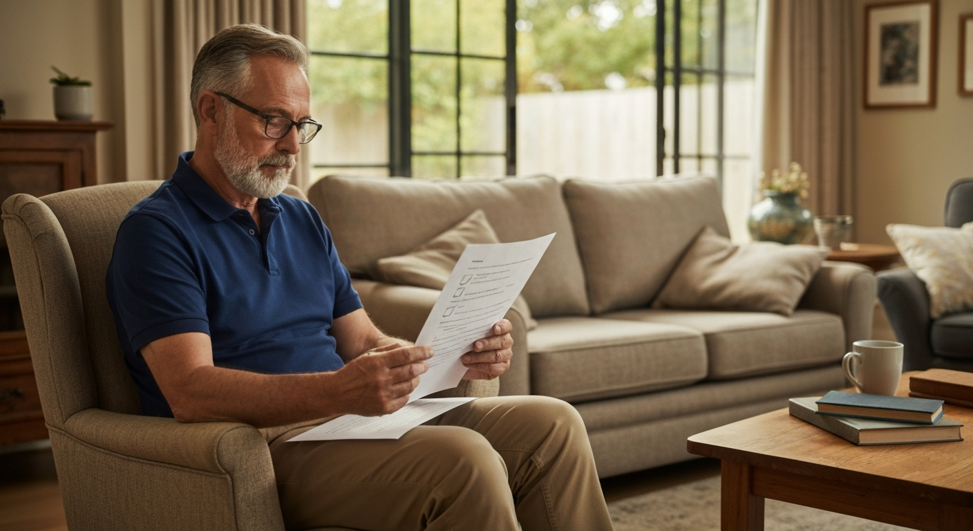 Senior homeowner reviewing a calendar or planning notes at home