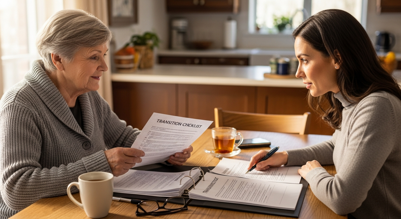 Senior homeowner and adult child reviewing a senior transition checklist at a kitchen table