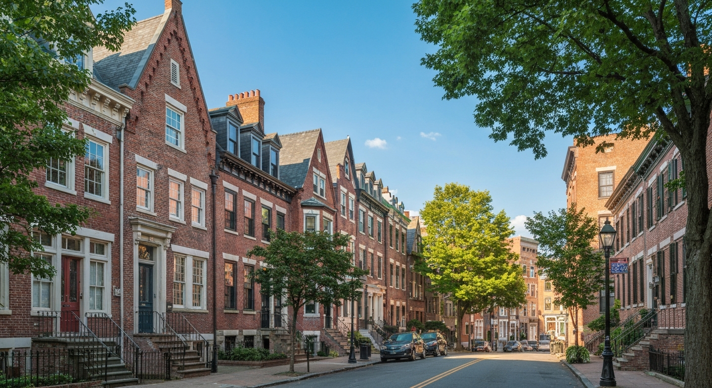Historic brick rowhomes and tree-lined streets in Fitler Square Philadelphia