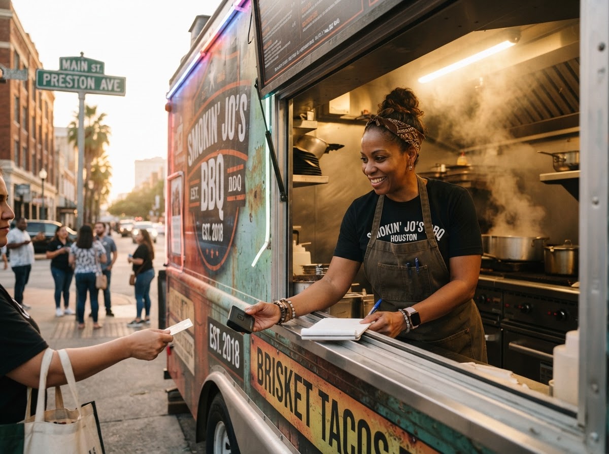 Houston food truck operator mid-service, natural light