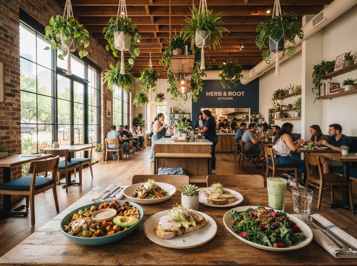 Cozy Houston plant-based restaurant interior with natural light and greenery