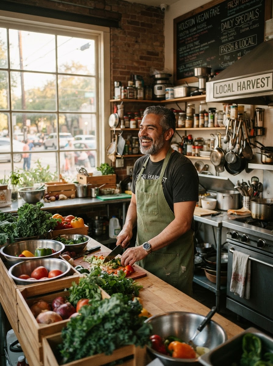 Houston plant-based cafe owner in his kitchen, natural light