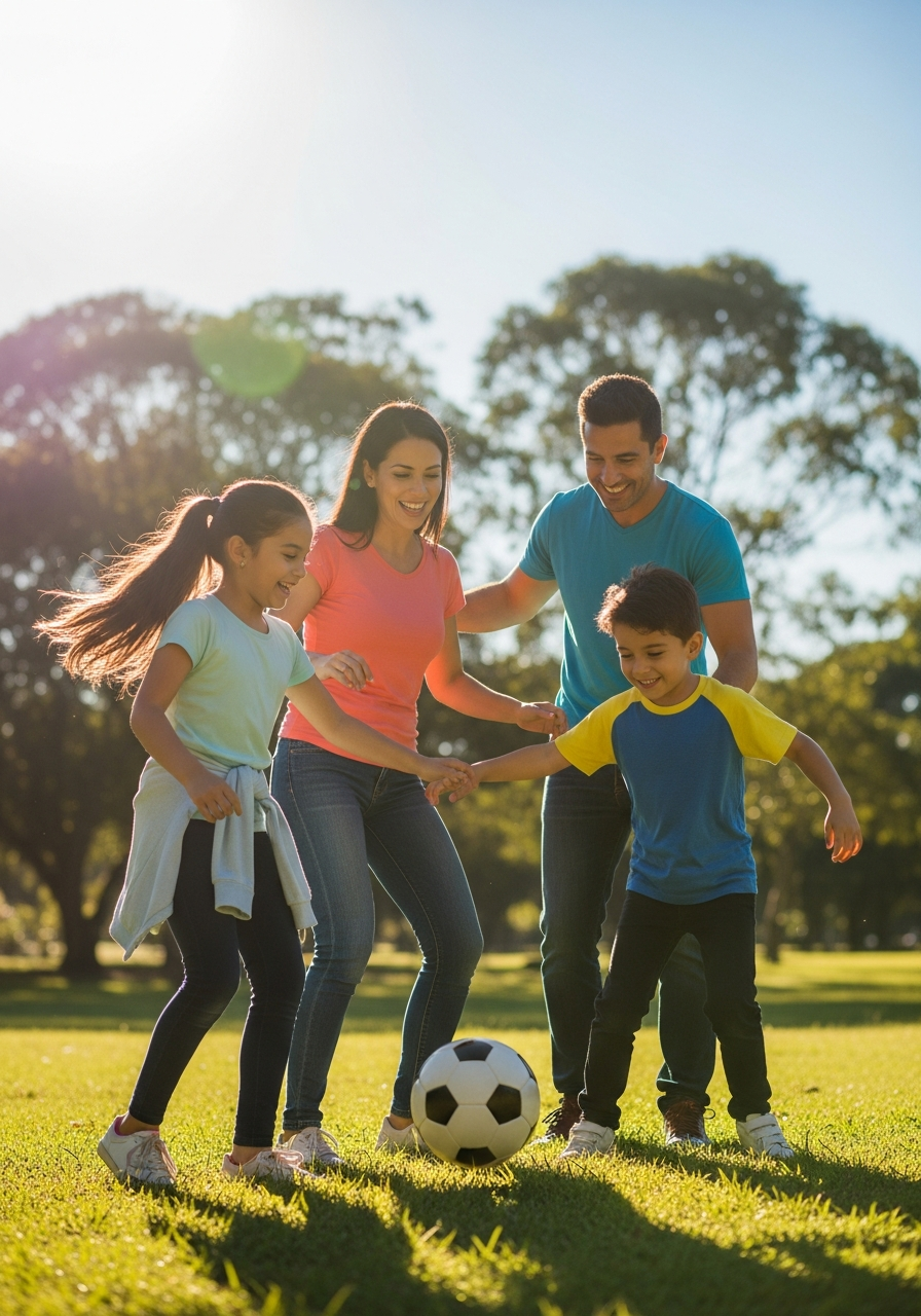 Familia colombiana jugando fútbol juntos - Protección familiar con Solórzano Seguros
