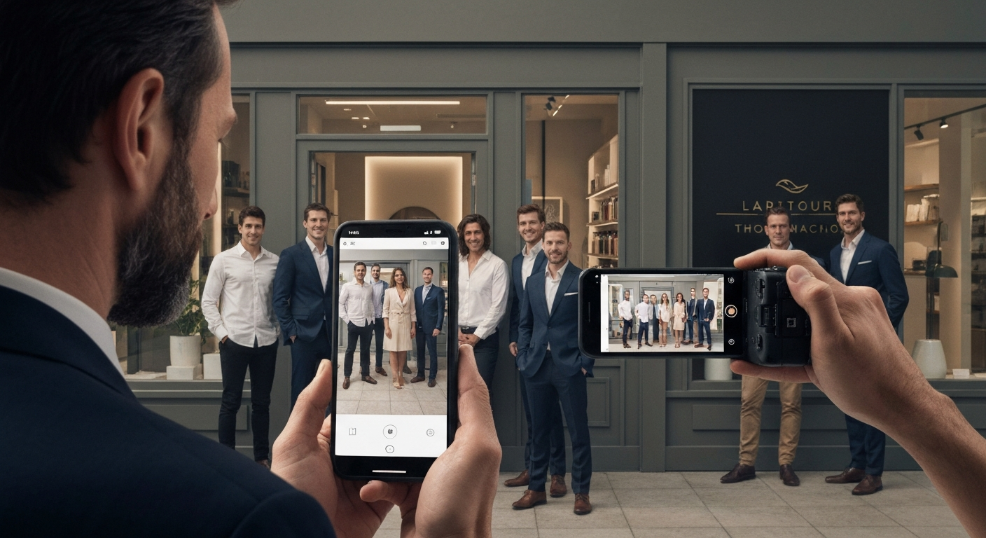 Professional business owner photographing storefront for online visibility