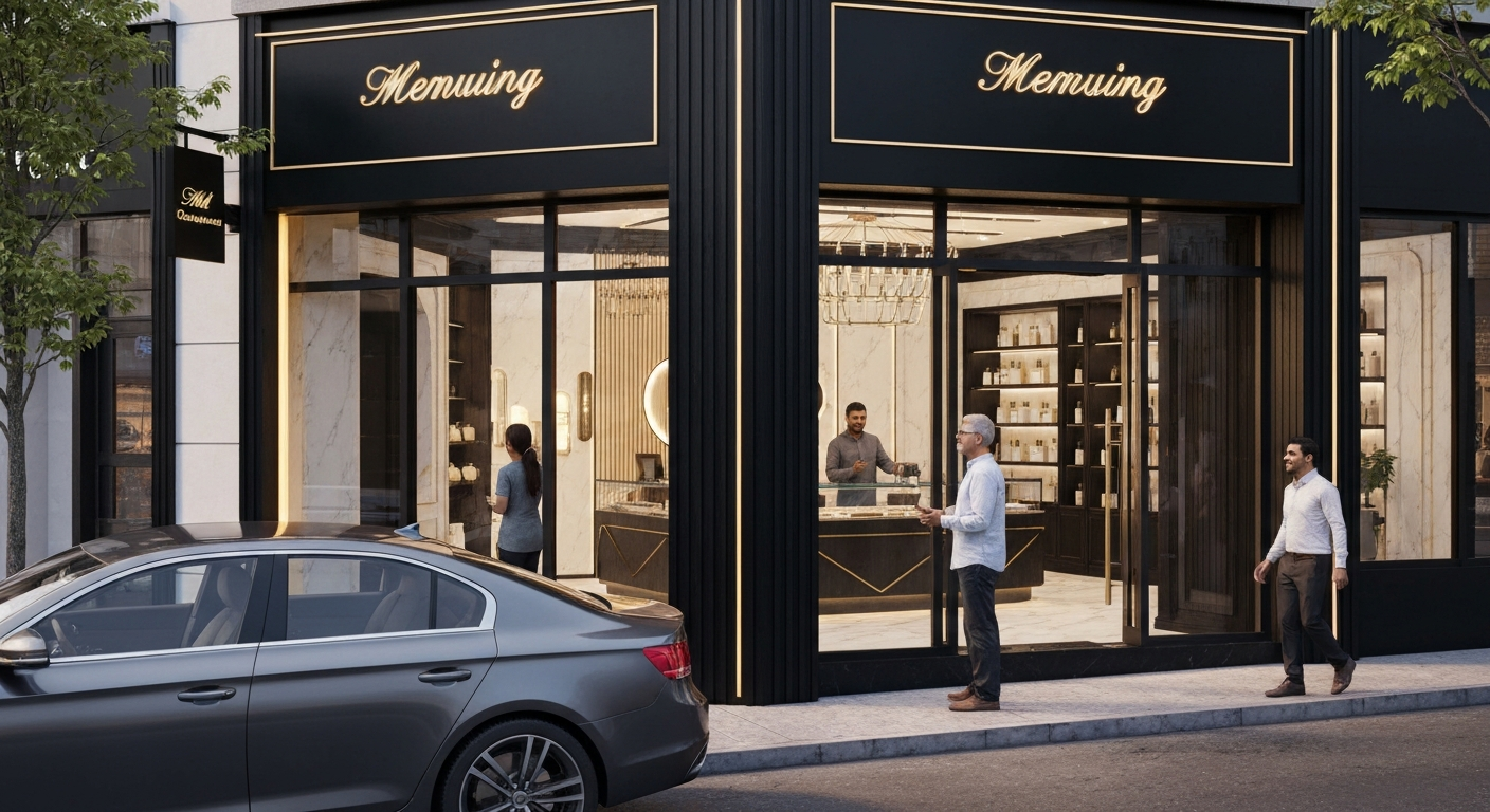 Beautifully branded storefront with customers entering