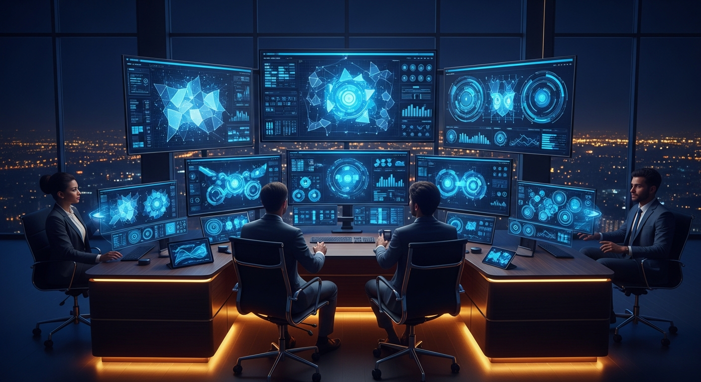 Premium operations center where business owners monitor automated workflows on multiple devices