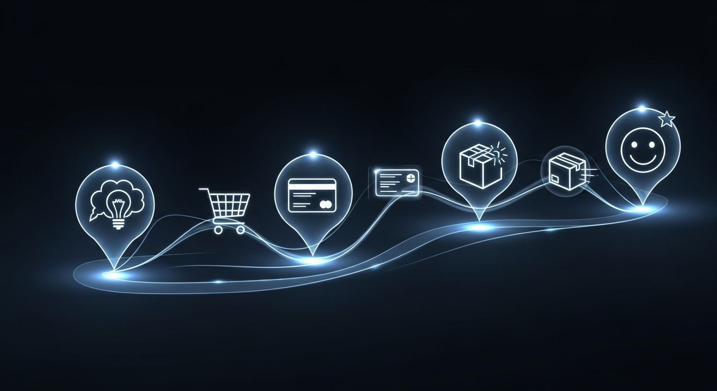 Creative editorial image showing a customer's journey flowing naturally through connected touchpoints