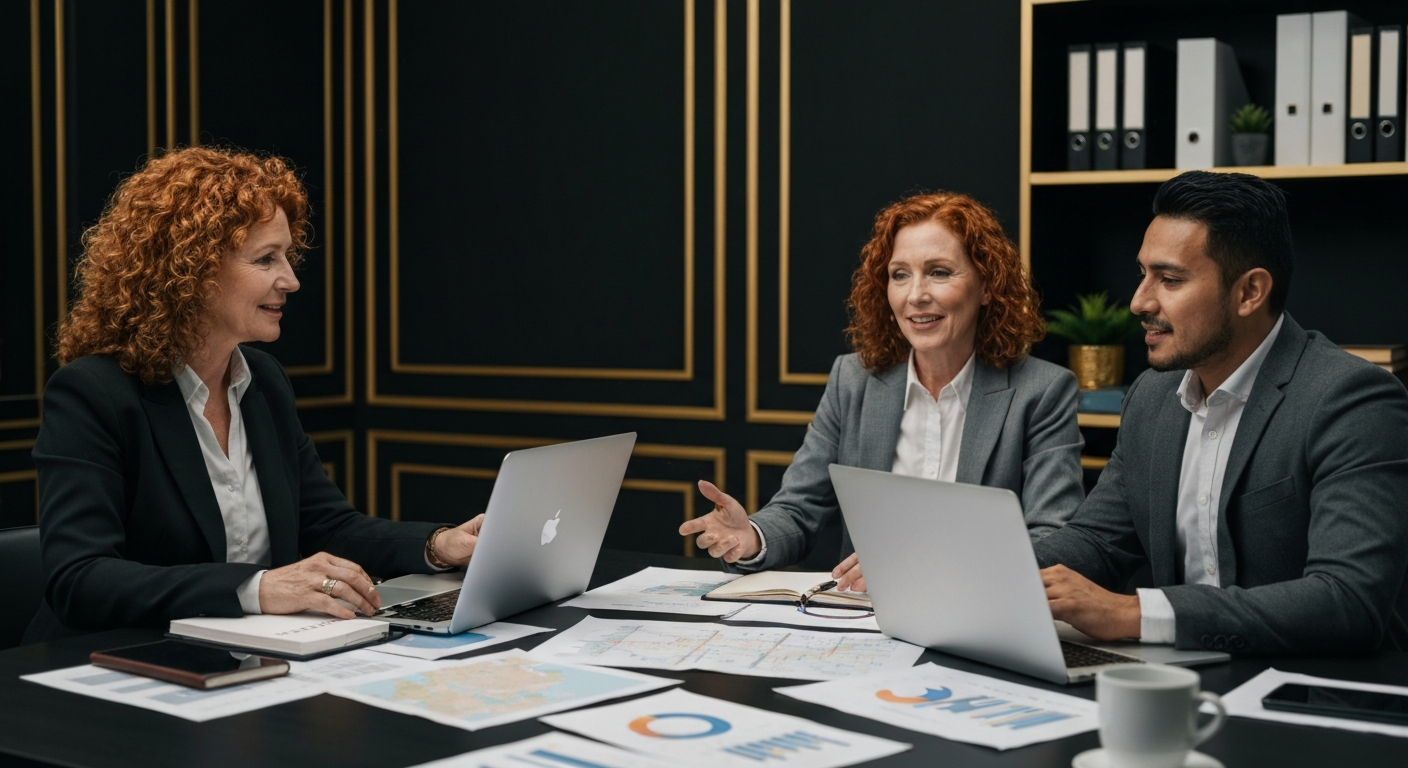 Marketing professionals collaborating around a table with planning materials