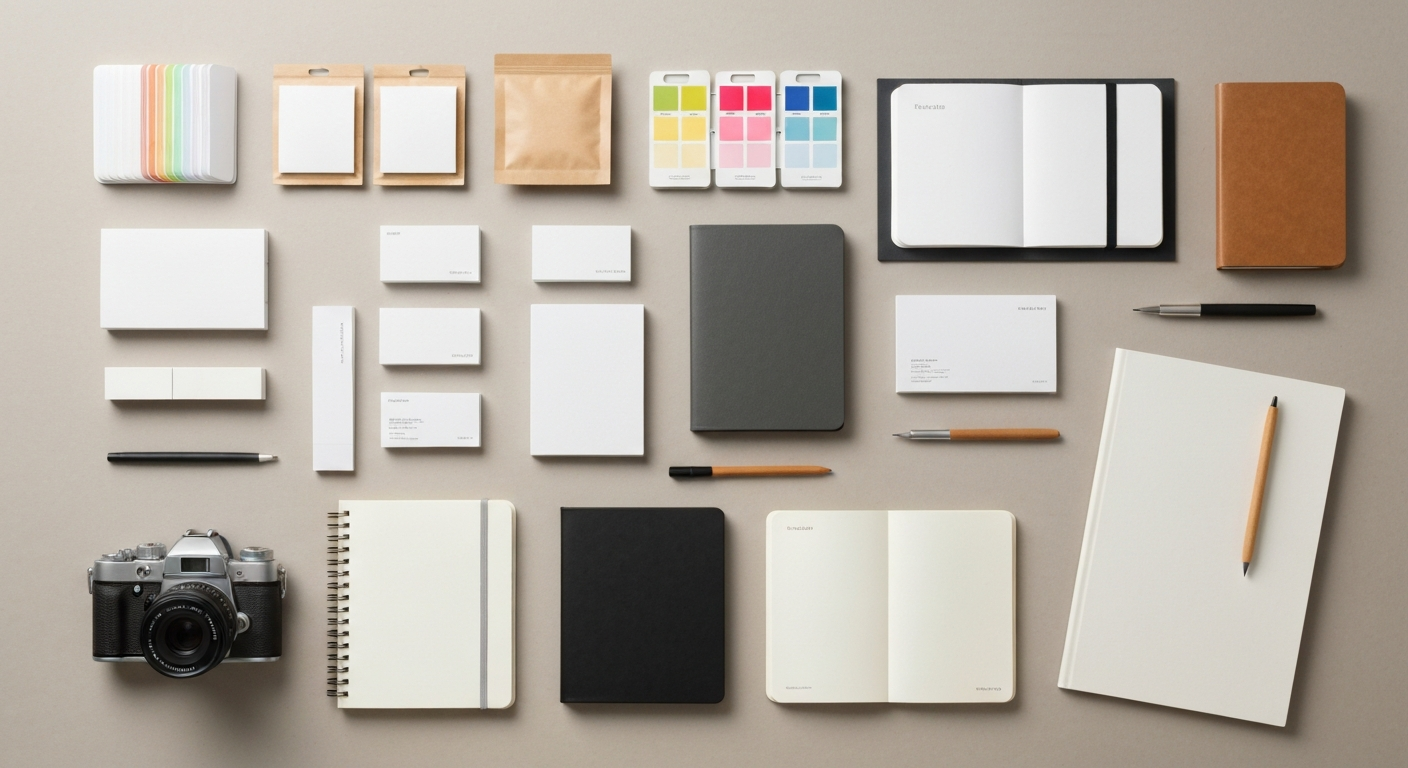 Editorial overhead photography of premium stationery and design tools