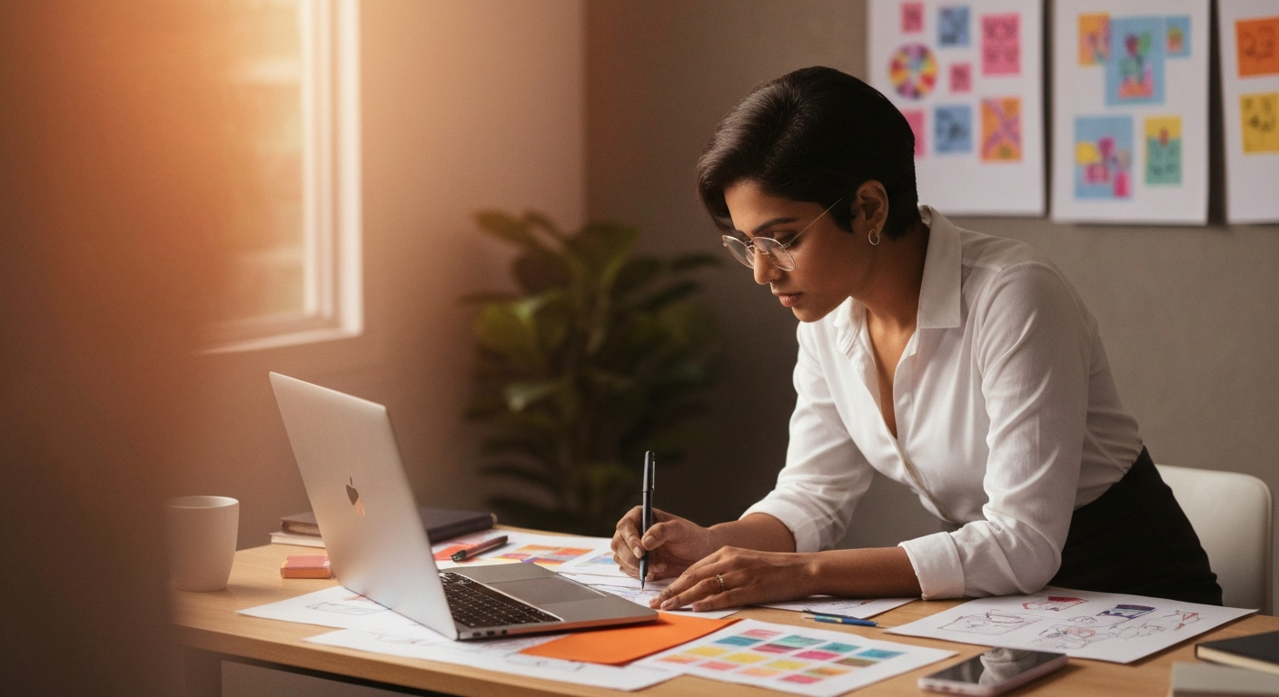 Modern creative workspace with multiple premium devices displaying abstract website performance dashboards