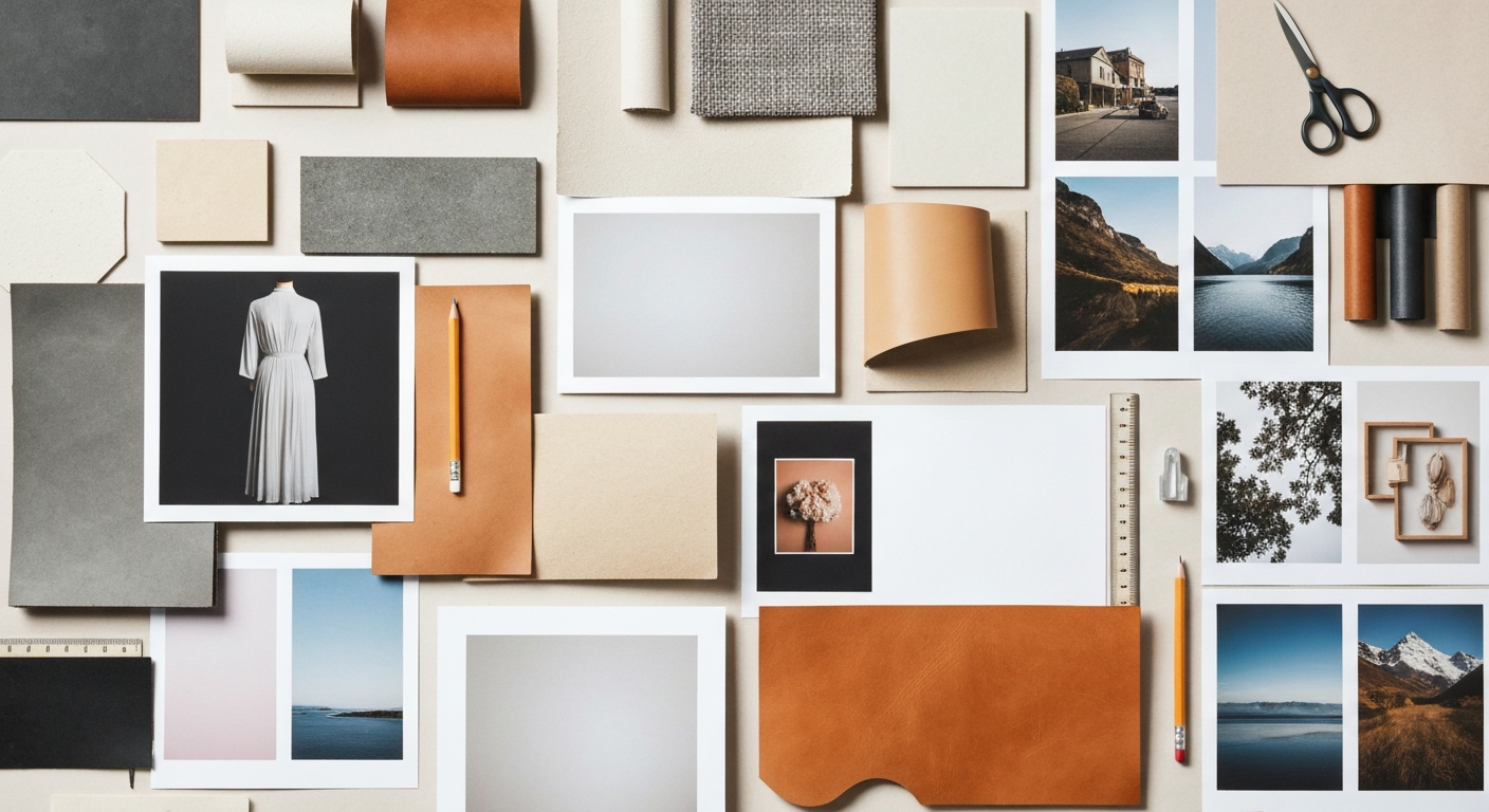 Beautiful arrangement of material samples, paper textures, and color palettes