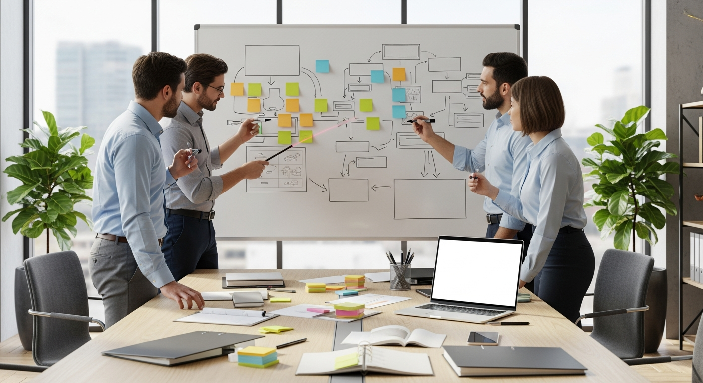 Business consultants mapping customer journeys using sticky notes and diagrams