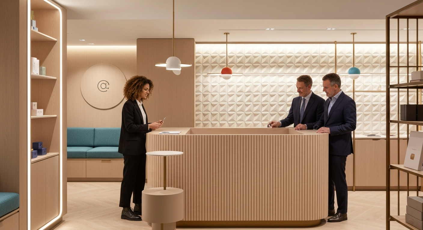 Elegant retail or office environment showing customers interacting with a beautifully branded space