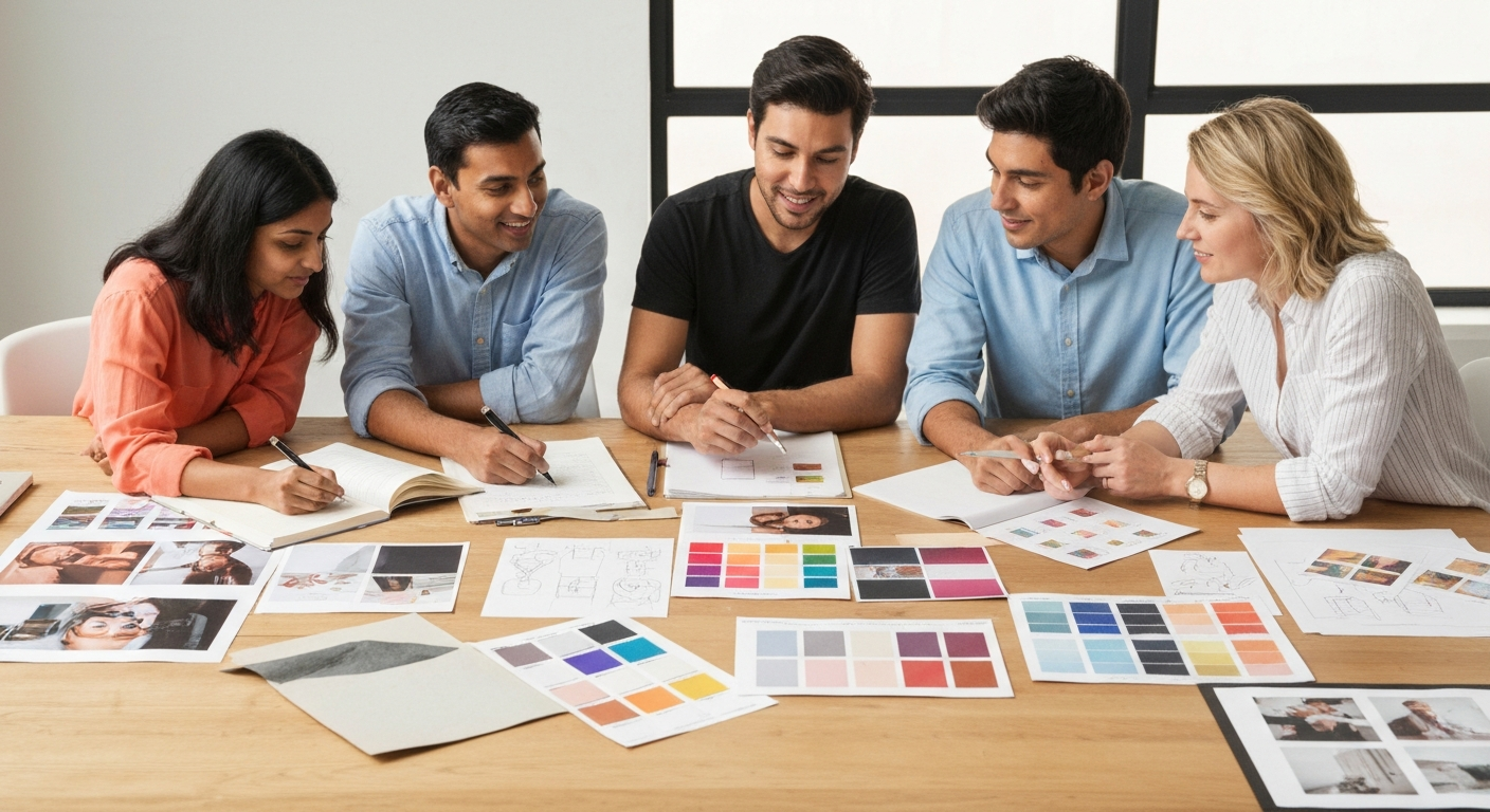 Professional creative team collaborating around a large table with brand materials