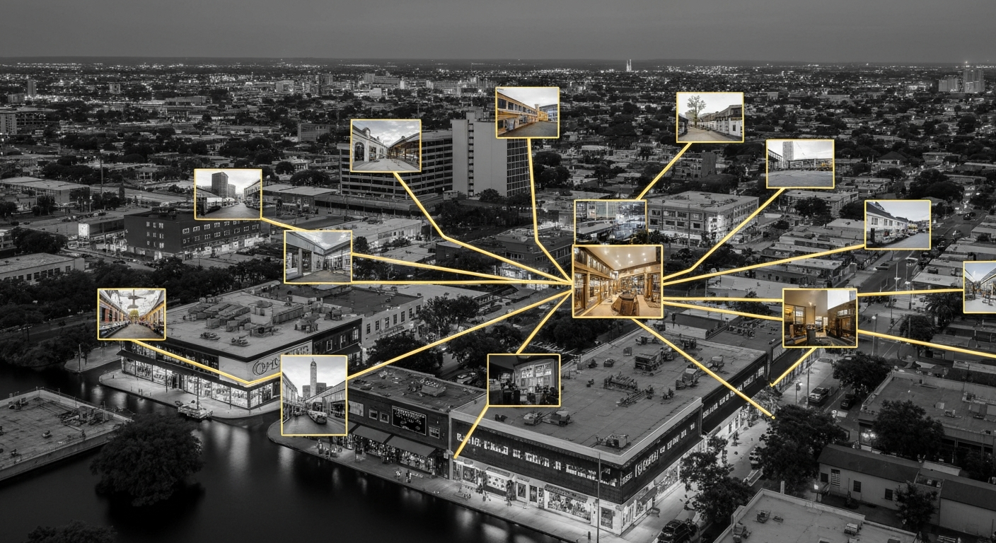 Cinematic cityscape highlighting multiple thriving local businesses connected through pathways