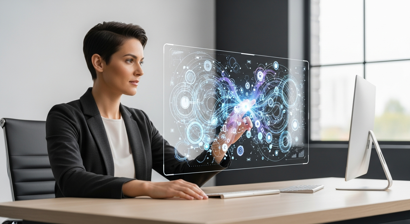 Professional employee collaborating with AI-powered technology in a modern office