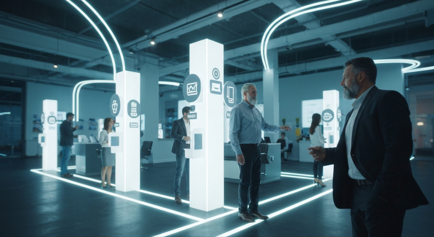 Cinematic composition showing customers moving through interconnected service touchpoints