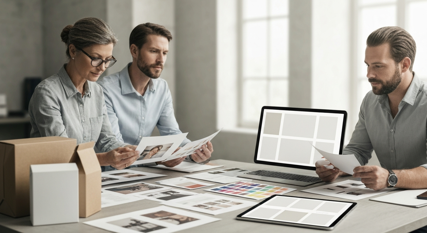 Luxury branding studio with designers reviewing cohesive brand materials