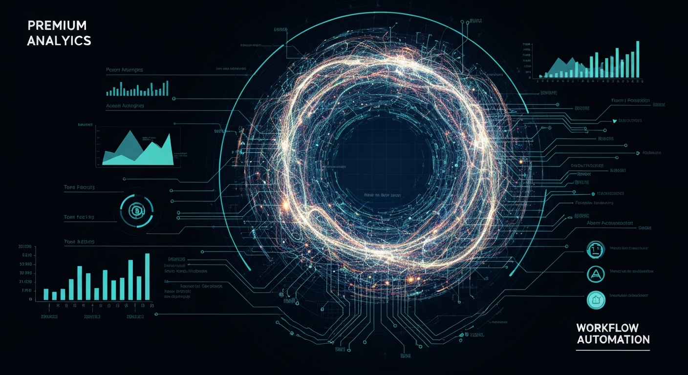 Premium analytics environment displaying elegant abstract charts and workflow automation