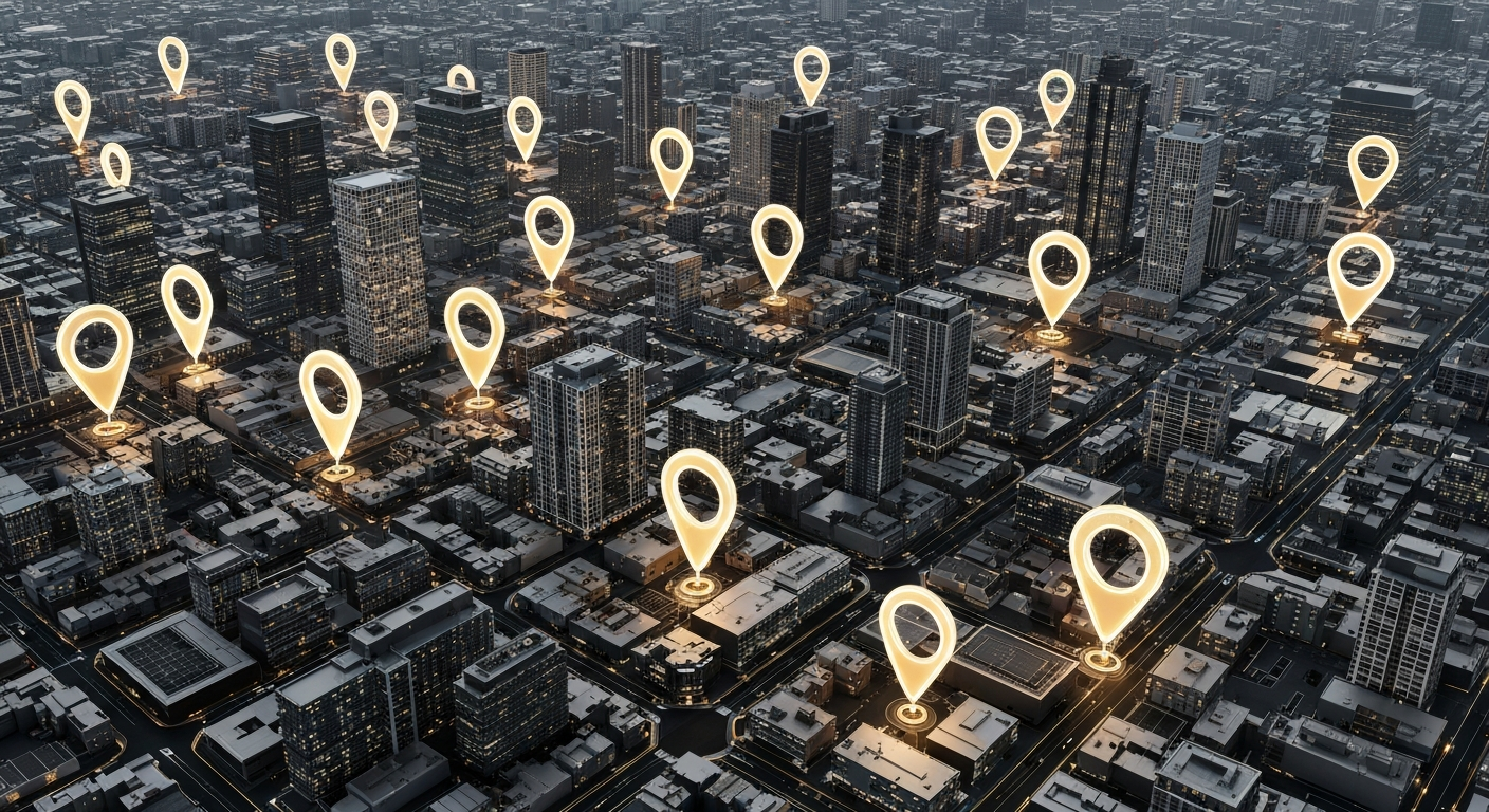 Realistic aerial city environment with abstract glowing location markers