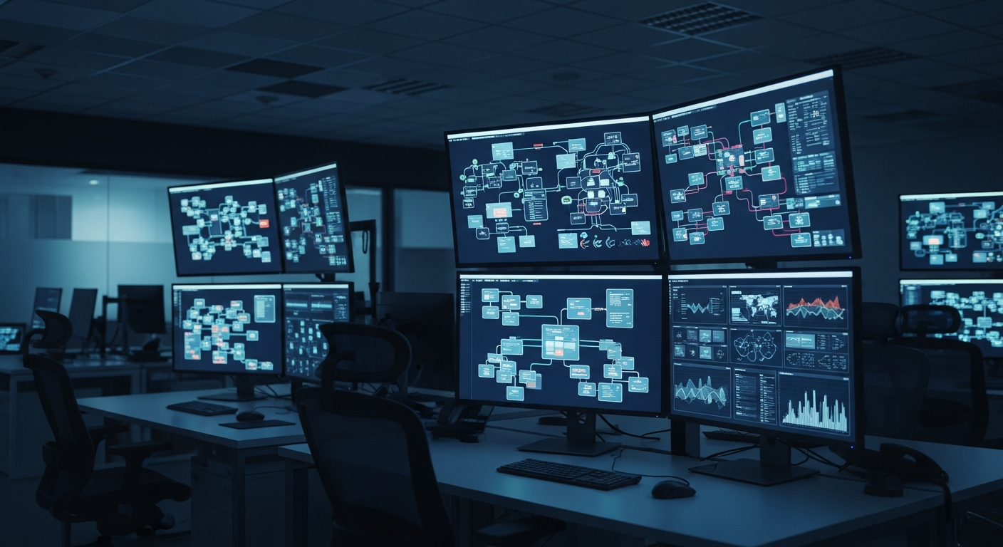 Realistic office showing multiple screens displaying abstract workflow diagrams