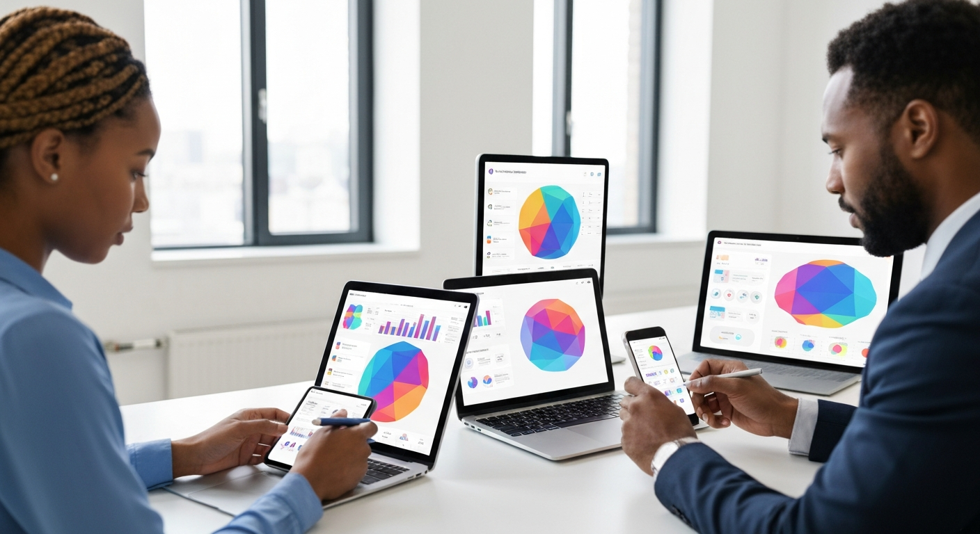 Business professionals reviewing customer insights on beautiful abstract dashboards