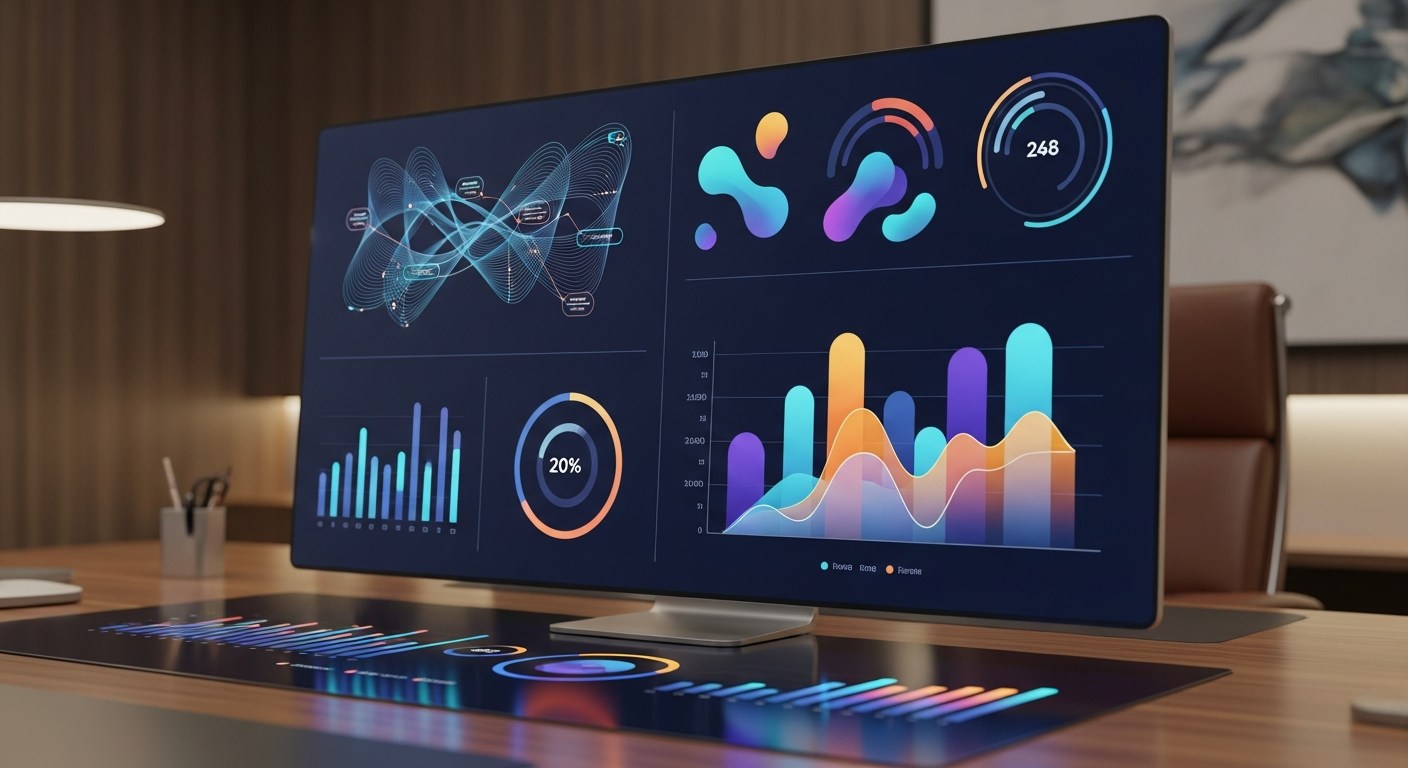 Luxury analytics workspace displaying beautiful charts and automation flows