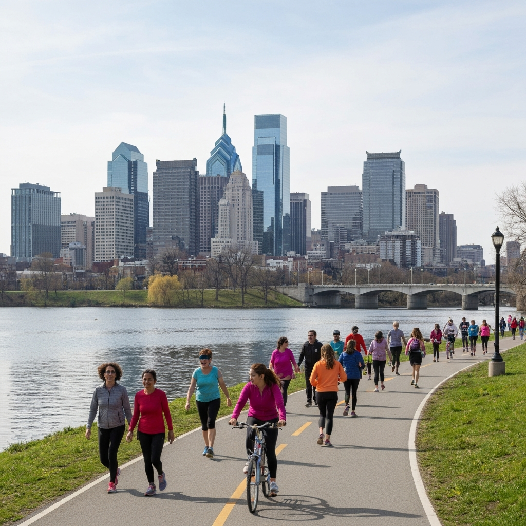 The Schuylkill River Trail near Fitler Square Philadelphia, showing people walking and biking along the river with the city skyline in the background.