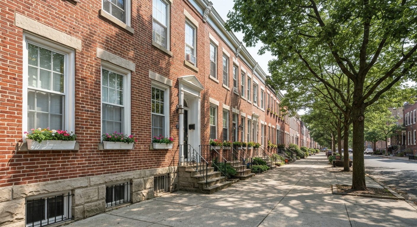 Classic brick rowhomes on a tree-lined residential street in Fitler Square Philadelphia