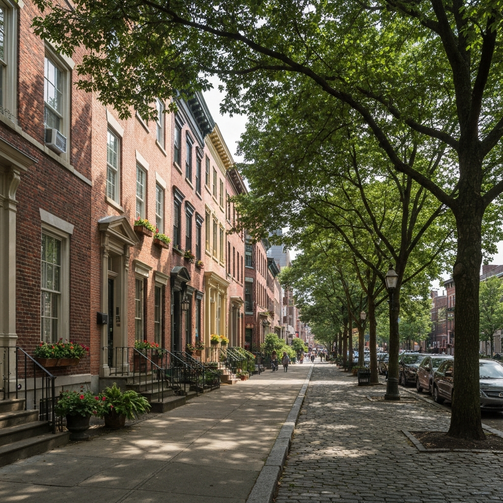 A charming tree-lined street in Fitler Square Philadelphia, featuring historic 19th-century brick rowhomes with flower boxes and wide sidewalks.