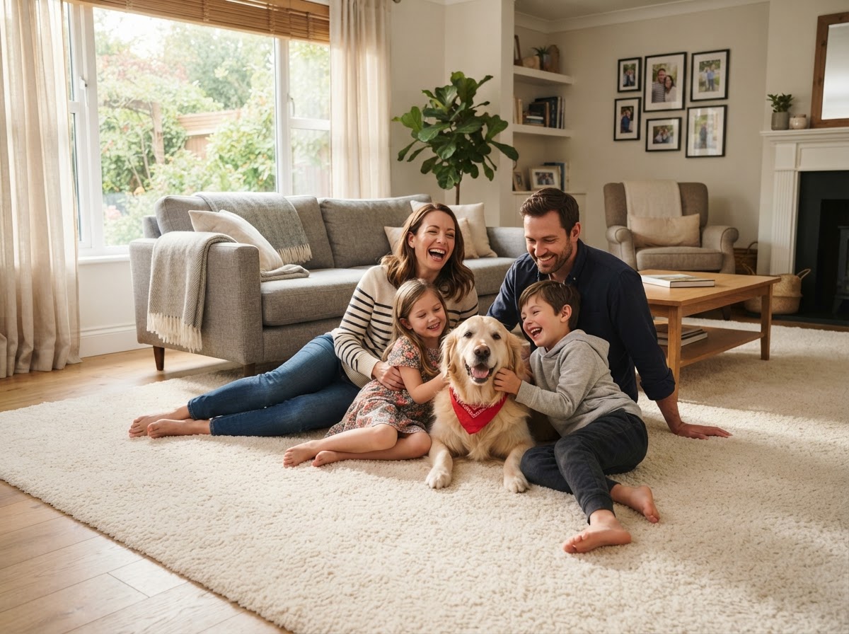 Happy family with their dog relaxing on a freshly cleaned carpet