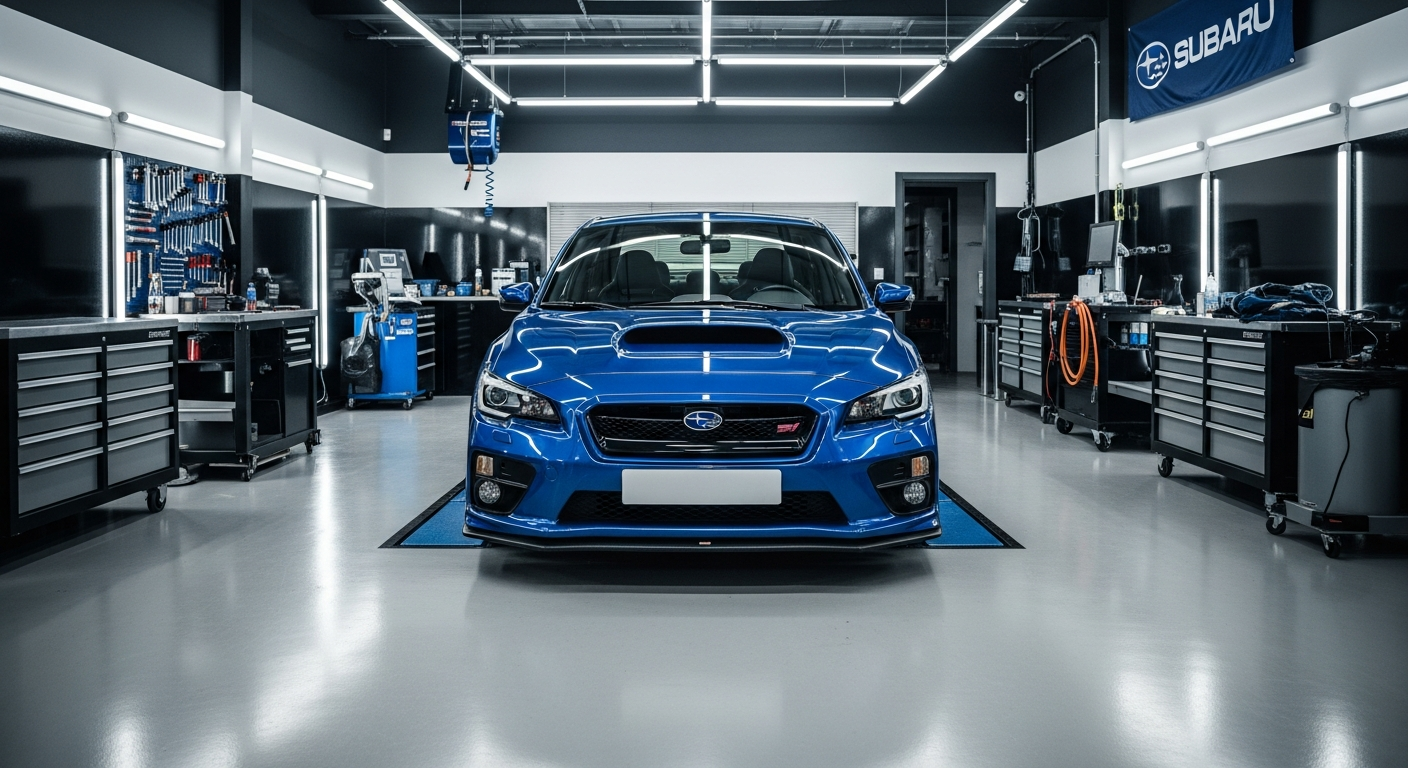 Subaru WRX STI inside Precision Performance workshop
