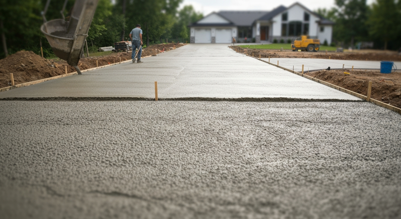Fresh concrete being poured and leveled