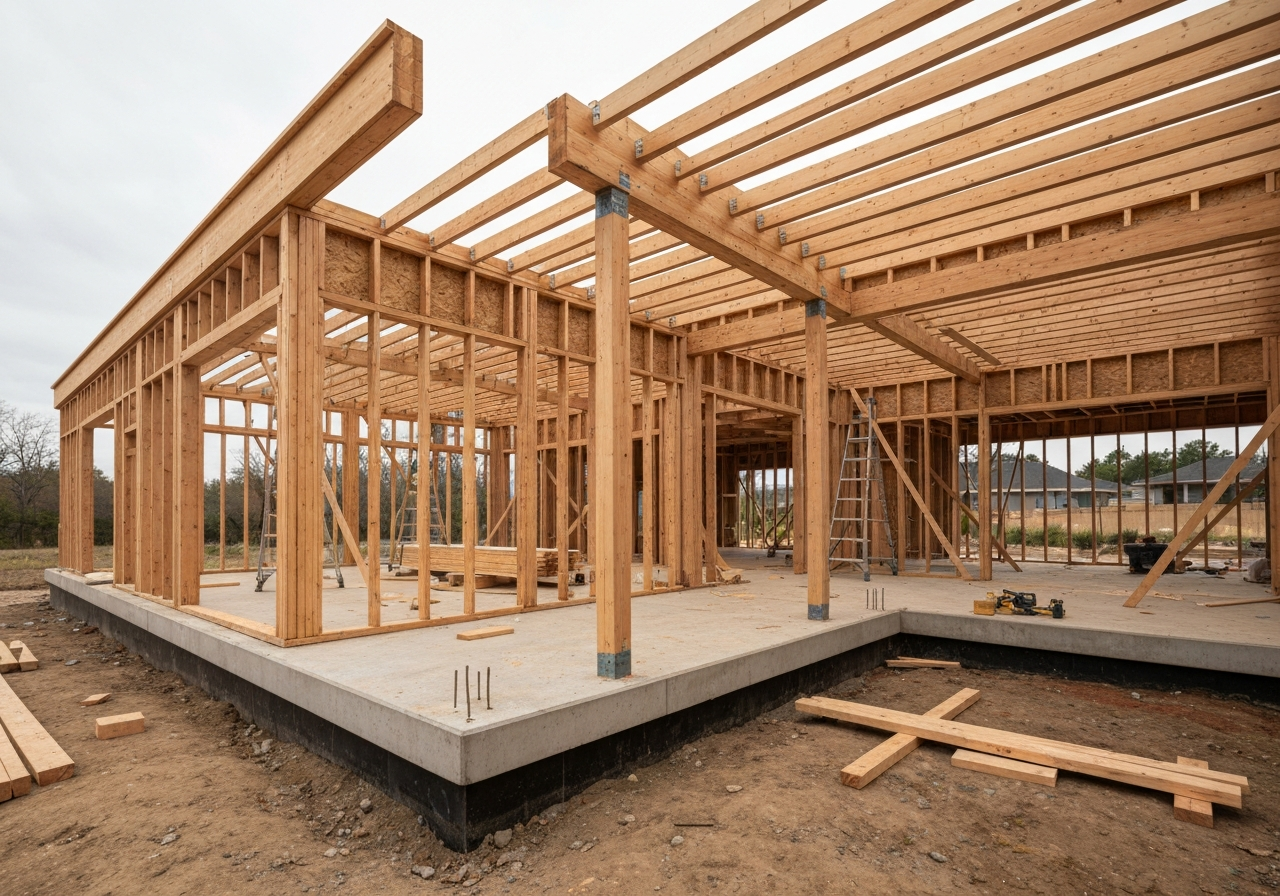 Custom home exterior framing and foundation